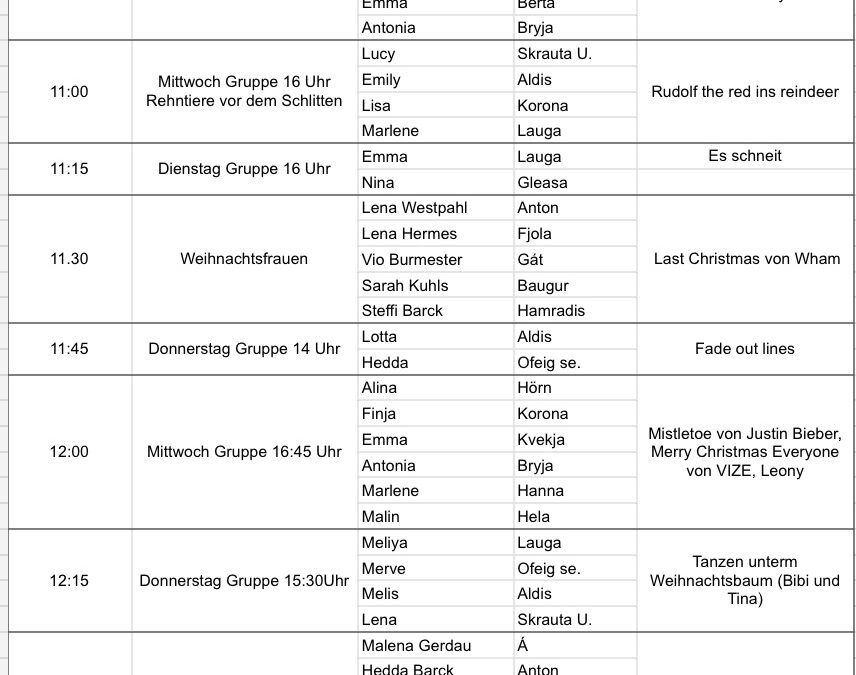 Zeitplan Weihnachtsaufführung 8.12.