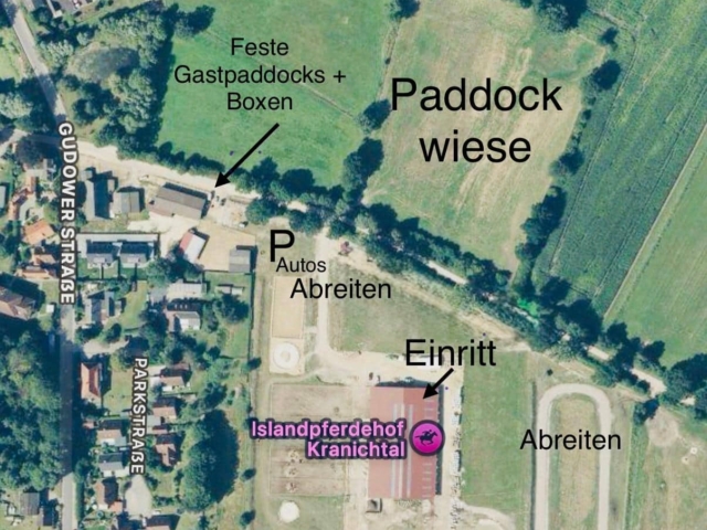 Luftbildplan des Islandpferdehofs Kranichtal mit Paddockwiese und Einritt